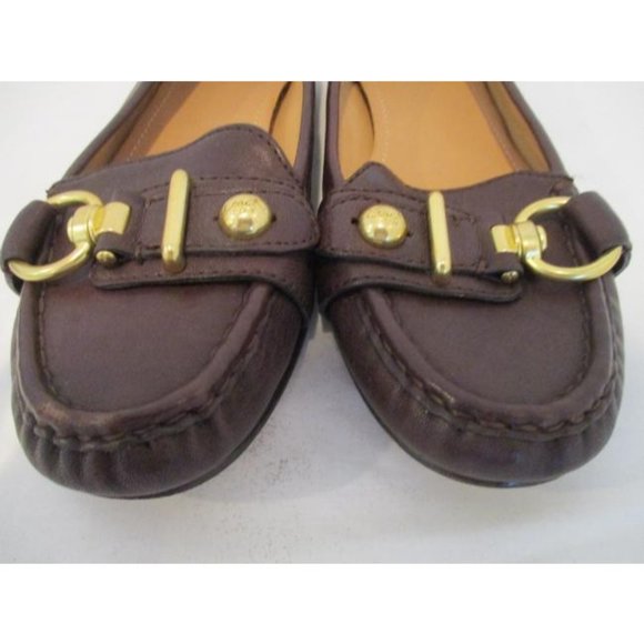 Coach Brown Chocolate Gold Button Logo Accent Loafer Flats - Picture 3 of 7